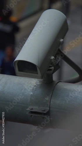 security surveillance system capturing active sidewalk activity with protective urban ambiance