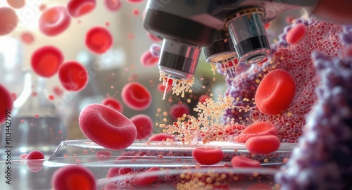 Medical microscope analyzing red blood cells and platelets