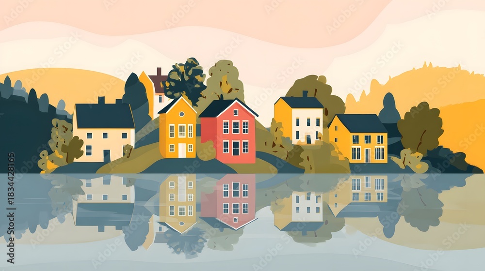 Naklejka premium Charming Scandinavian lakeside scene serene homes gentle hills idyllic travel poster art