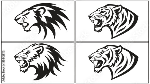 Vector illustration four stylized black and white vector illustrations of roaring tiger and lion heads