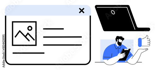 Online communication, digital platforms, web design, tech ergonomics, remote work, user support. Graphic includes laptop, user interface screen person holding tablet and a thumbs-up icon. Online