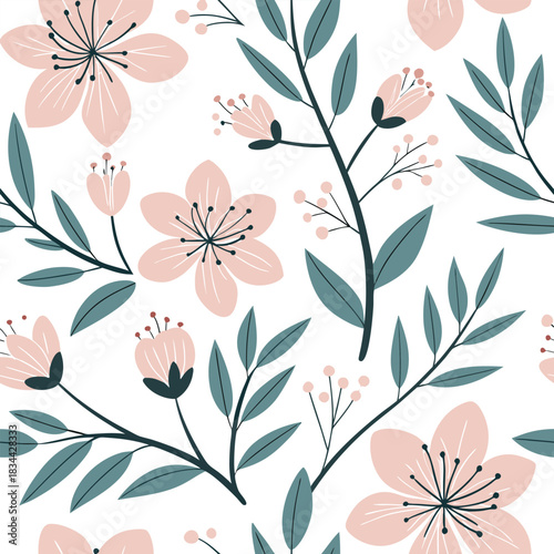 Soft pink blossoms and teal foliage create an elegant floral seamless pattern