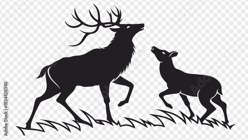 Vector illustration silhouette of a majestic stag with large antlers standing next to a smaller deer in a grassy field