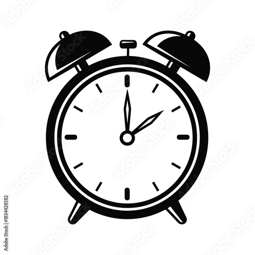 Black silhouette of a vintage alarm clock on white background time retro
