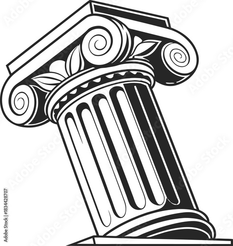 Vector illustration black and white illustration of a single leaning ionic column capital, base, and shaft