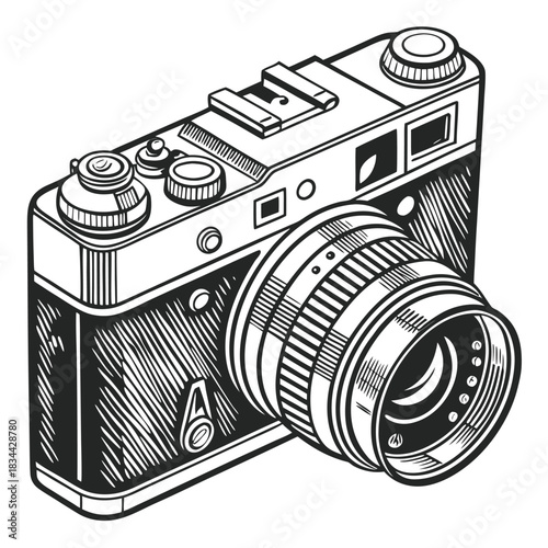 Vector illustration vintage rangefinder film camera illustration in black and white line art style