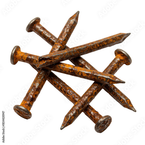Macro photo of five heavily rusted and damaged vintage iron nails isolated on a white background. Concept of decay and the passage of time.