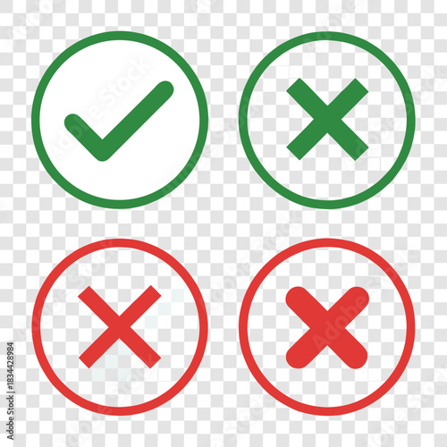 Vector illustration set of four icons showing green checkmark and red cross marks for approval and rejection status symbols