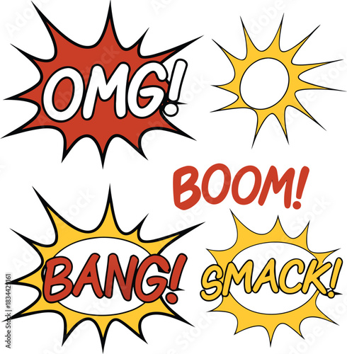 Vector illustration collection of four comic book style explosion sound effect words like omg, boom, bang, and smack