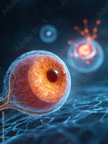 Detailed Close-Up of a Human Eye Surrounded by Abstract Particles, Showcasing Intricate Patterns and Vibrant Colors in a Digital Art Style