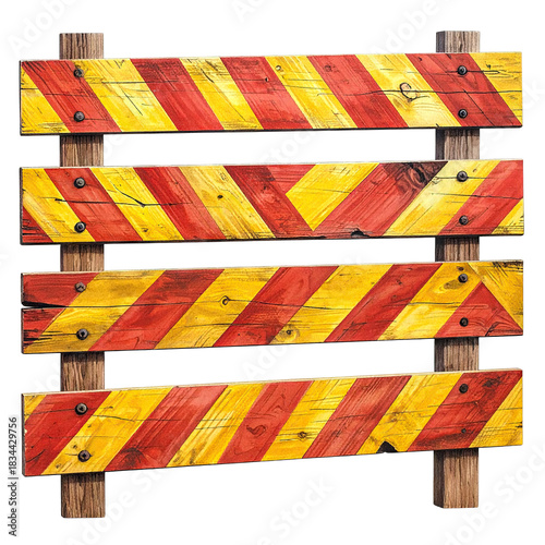 Wooden barricade with red and yellow diagonal stripes used to block access