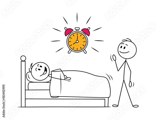 Stick figure person in bed happily waking up to a ringing yellow and pink alarm clock.