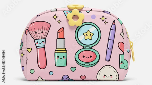 Whimsical makeup bag with adorable cartoon cosmetics and charming decorative elements