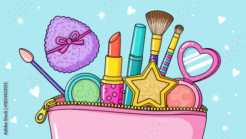 Cartoon illustration of a makeup bag filled with cosmetics and beauty products on a soft blue