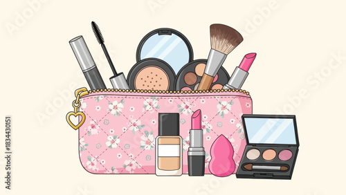 Cartoon illustration showcasing a pink floral makeup bag filled with beauty essentials