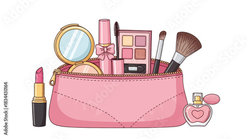Elegantly illustrated makeup bag filled with cosmetics perfect for beauty products marketing