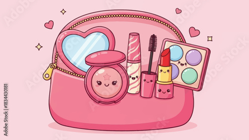 Charming cosmetic products with cute kawaii faces in a pink themed layout illustration