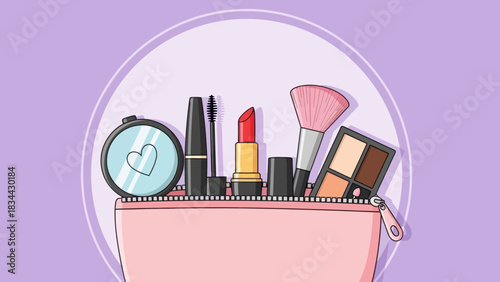 Charming beauty essentials inside a cute pink makeup bag with a purple background scene