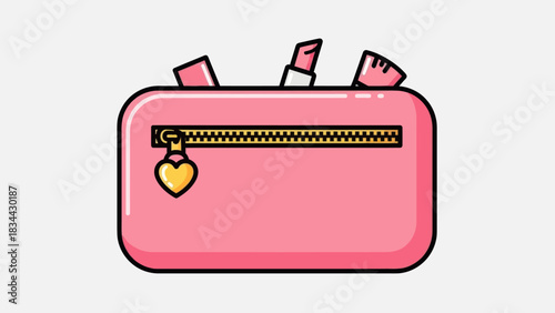 Cute pink cosmetic bag illustration with heart zipper and beauty accessories inside