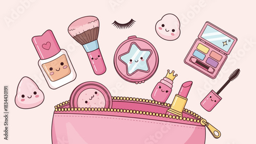 Charming cosmetic pouch illustration with cute makeup characters radiating adorable appeal