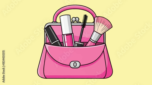Vibrant pink purse filled with makeup essentials on a pastel yellow background