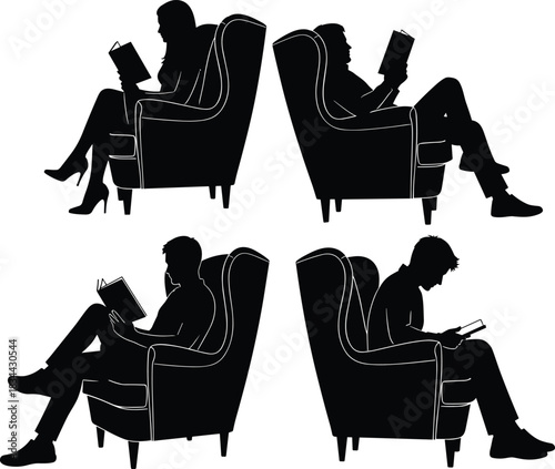 Reading Silhouettes: Four people, two men and two women, seated comfortably in elegant wingback chairs, enjoying books, leisure time, relaxed moment, study, education, 