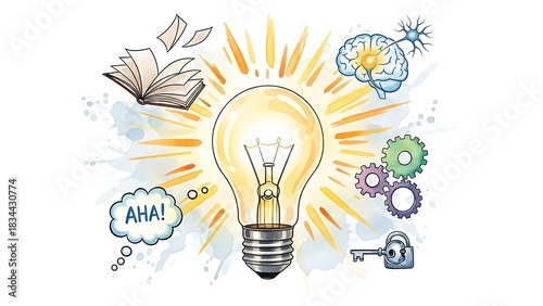 Light bulb creative thinking process with brain, book, gears, and key. Idea generation concept for finding solution and knowledge.