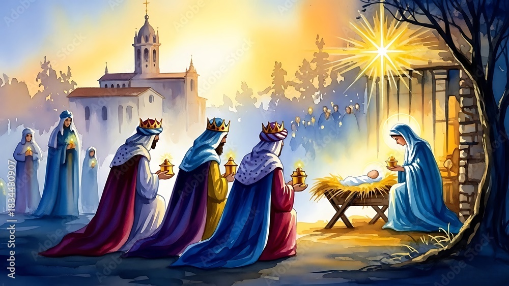 Fototapeta premium Three wise men presenting gifts to Jesus and Mary under a shining star. Religious Nativity scene for Christmas celebration.