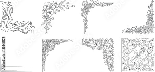 Set of decorative corner ornaments and borders in black and white isolated on transparent background