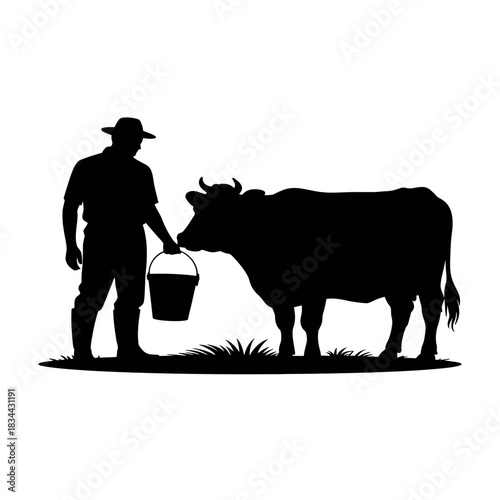 Farmer with bucket and cow silhouette