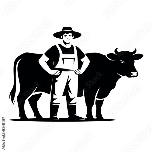 The farmer stands proudly with his dairy cow