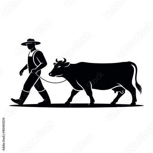 A farmer leading a cow with a rope