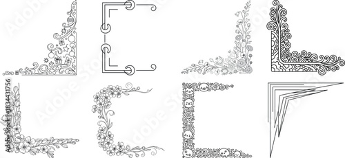 Set of decorative corner elements for design and decoration isolated on transparent background