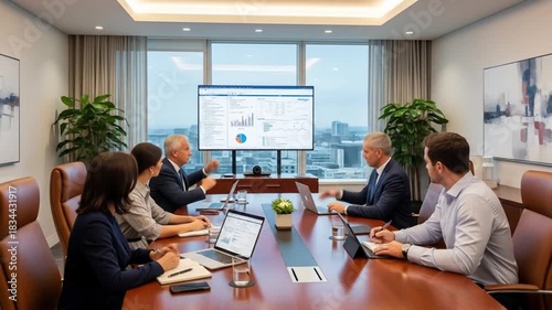 Business meeting in modern office conference room analyzing financial data and strategy discussion