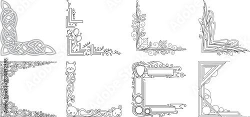 Set of eight decorative corner designs with floral and geometric elements isolated on transparent background