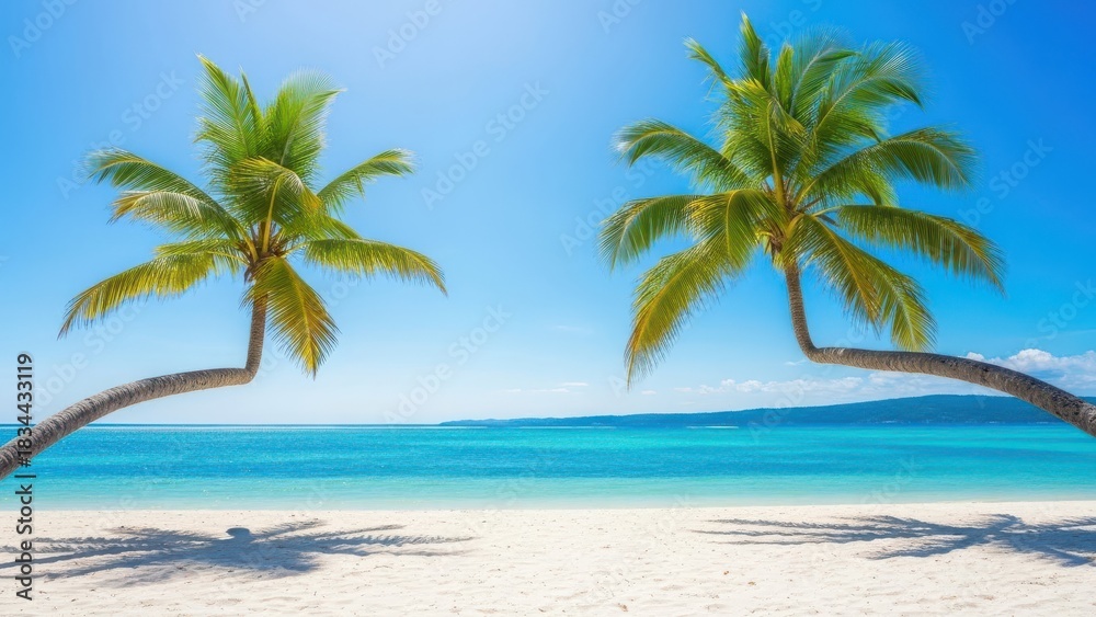 Fototapeta premium Typical caribbean house near Atlantic ocean beach with coconut palm tree