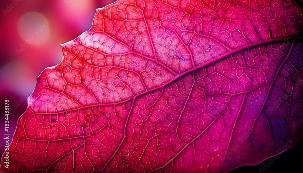Obraz premium Close-up macro shot of a vibrant red and purple leaf with intricate vein patterns.
