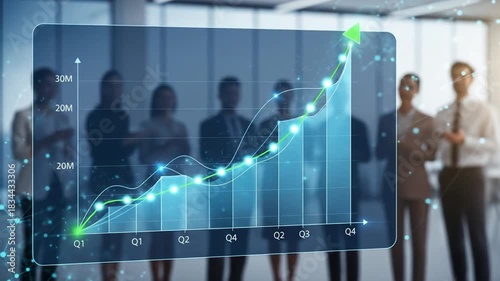 Business team analyzing financial growth chart, collaboration and teamwork in modern office