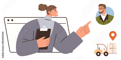 Woman with clipboard tracking logistics, pointing to a male colleague, forklift unloading boxes, location marker. Ideal for supply chain, collaboration, workflow, communication, teamwork logistics