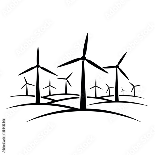 Sketch of a wind farm with many turbines on a rolling landscape