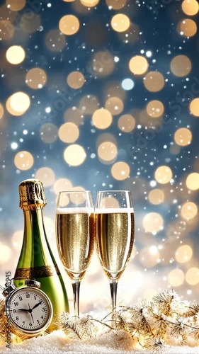 Two glasses filled with champagne sit next to a clock, shining lights fill the background as a new year approaches