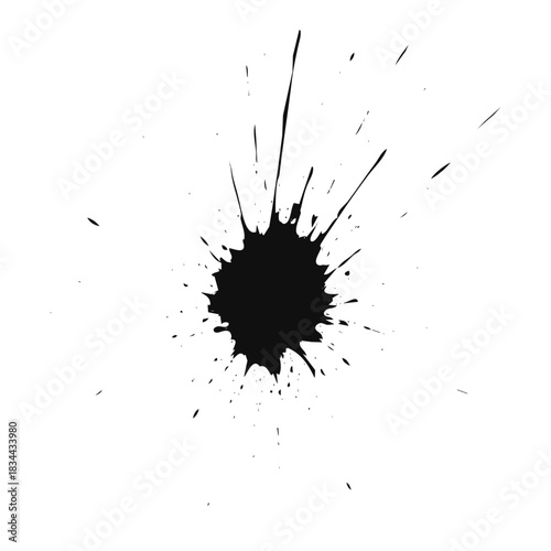 Isolated black ink splatter with radiating droplets and blotches