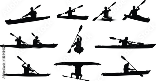Kayaking and Canoeing Action Silhouette Set: Dynamic Vector Collection of People Paddling, Rolling, and Engaging in Water Sports and Outdoor Recreation Activities.