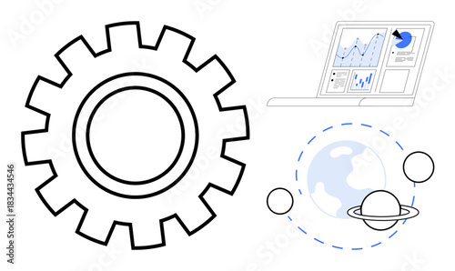 Technology development, data visualization, space exploration, innovation, system efficiency, global impact. Outline of a gear, laptop with analytics planetary system. Technology and data