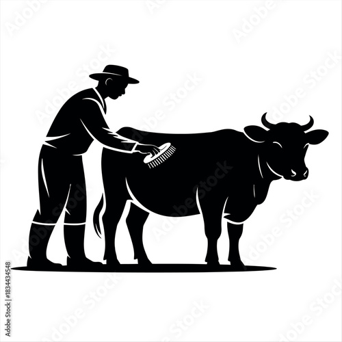 Farmer brushing a cow silhouette