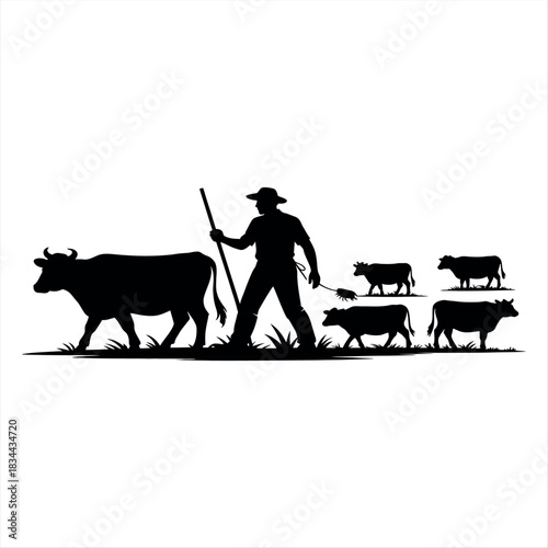 Farmer herding cattle silhouette on a white background