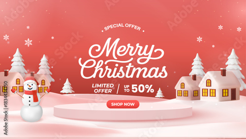 Merry Christmas Special Offer With Cozy Winter Scene, Snowman Village, And Shop Now