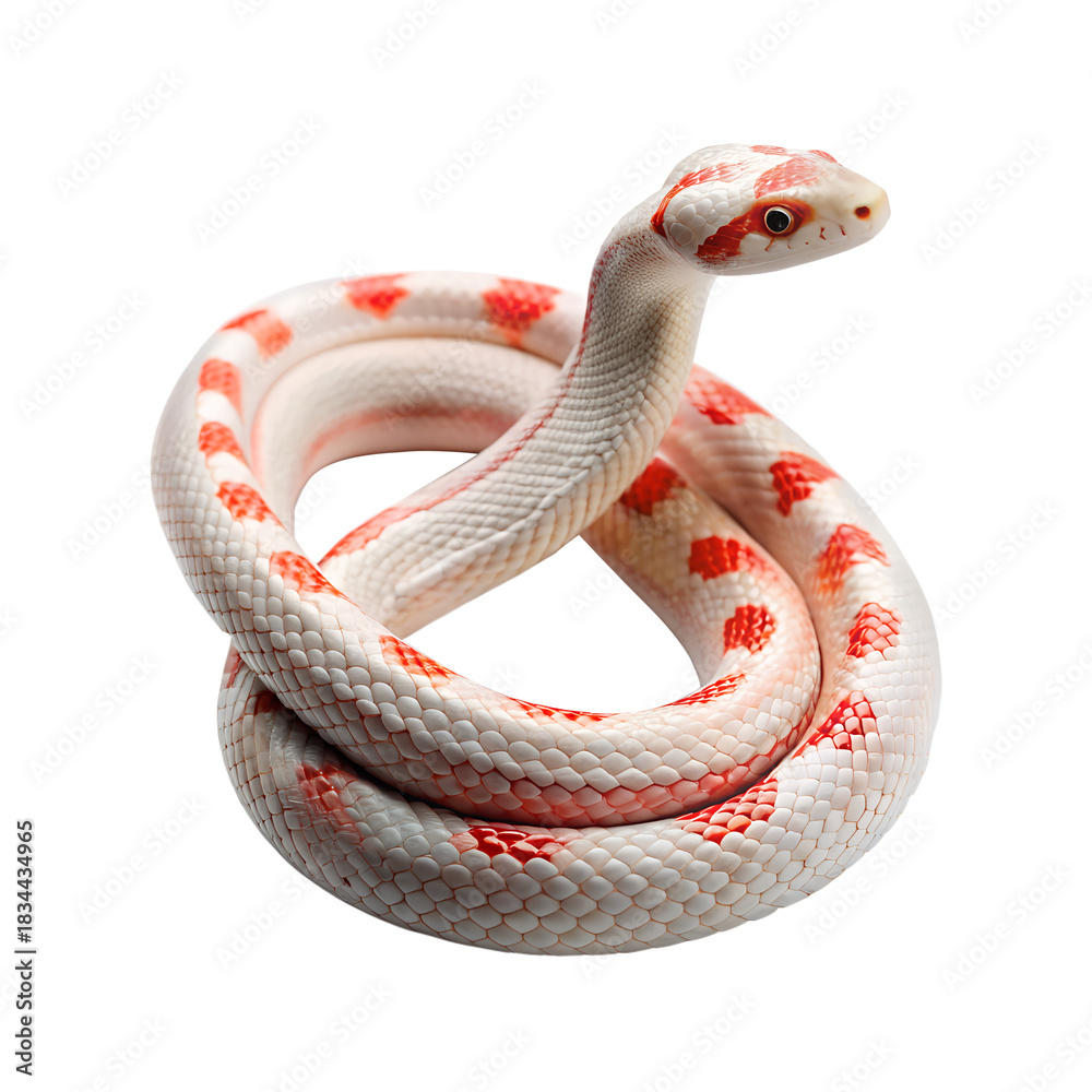 Obraz premium Albino corn snake with red spots coiled up isolated on transparent background