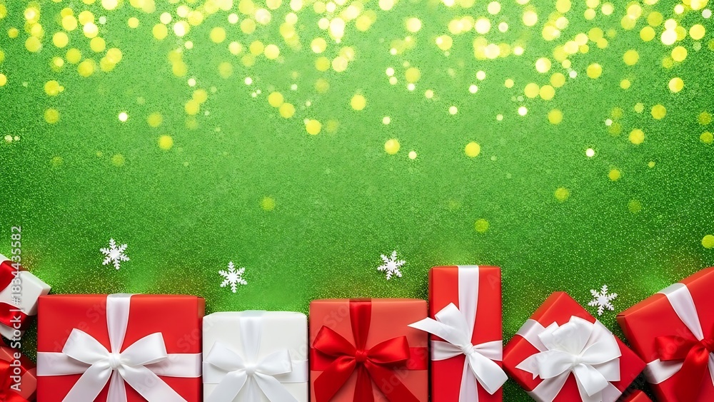 Fototapeta premium Red and white gift boxes with white ribbons on green glitter background image