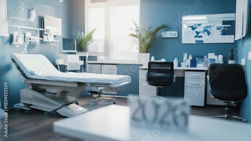 Numbers 2026 on white table in blurred medical examination room or doctor's office. Healthcare, medical, planning or corporate themes related to year 2026